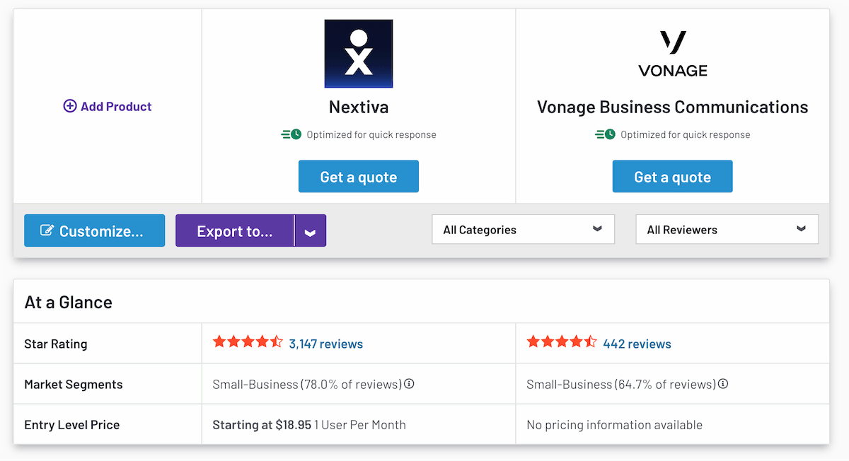 G2 Comparison between Nextiva and Vonage.