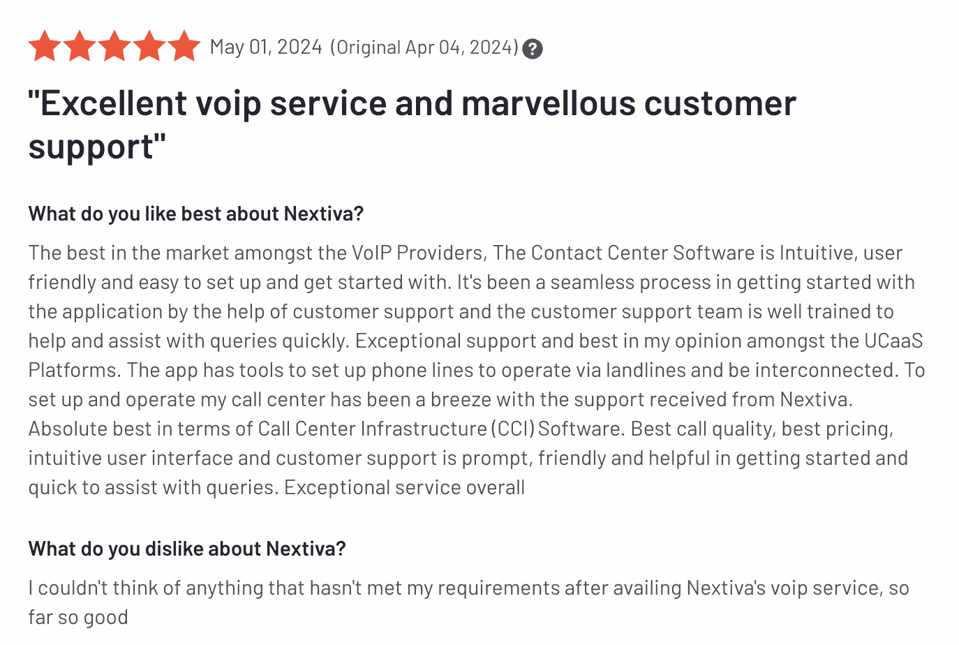 Nextiva 5-star customer support review