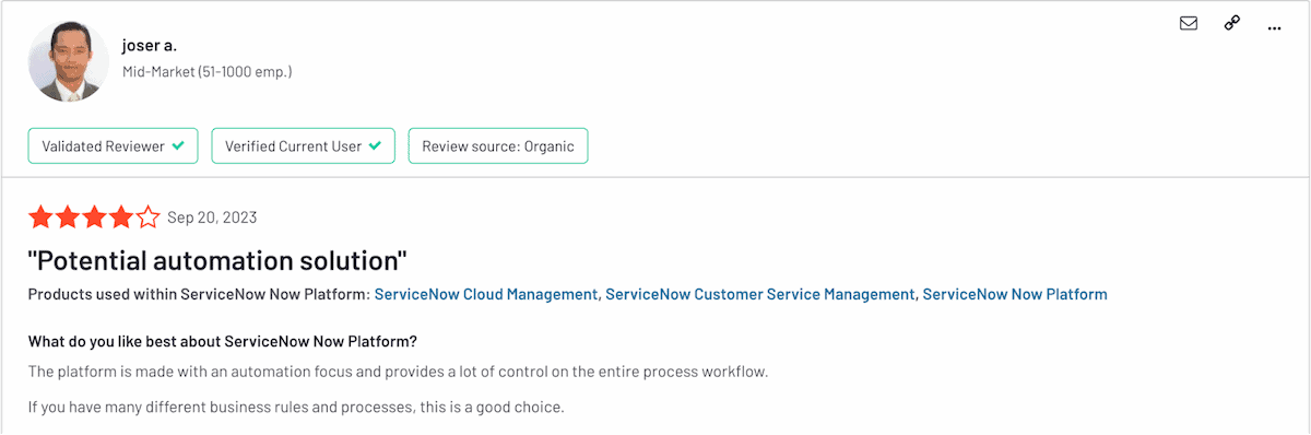ServiceNow customer review on G2(1)