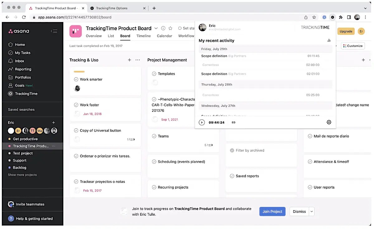 Asana dashboard showing Tracking Time Product Board