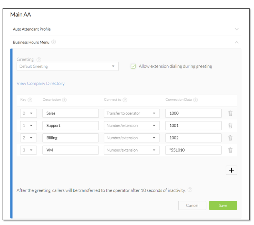 Auto attendant profile