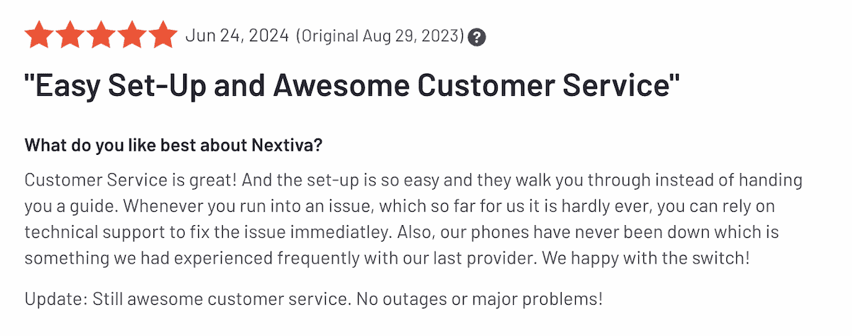 5-start peer review about Nextiva's customer service (via G2)