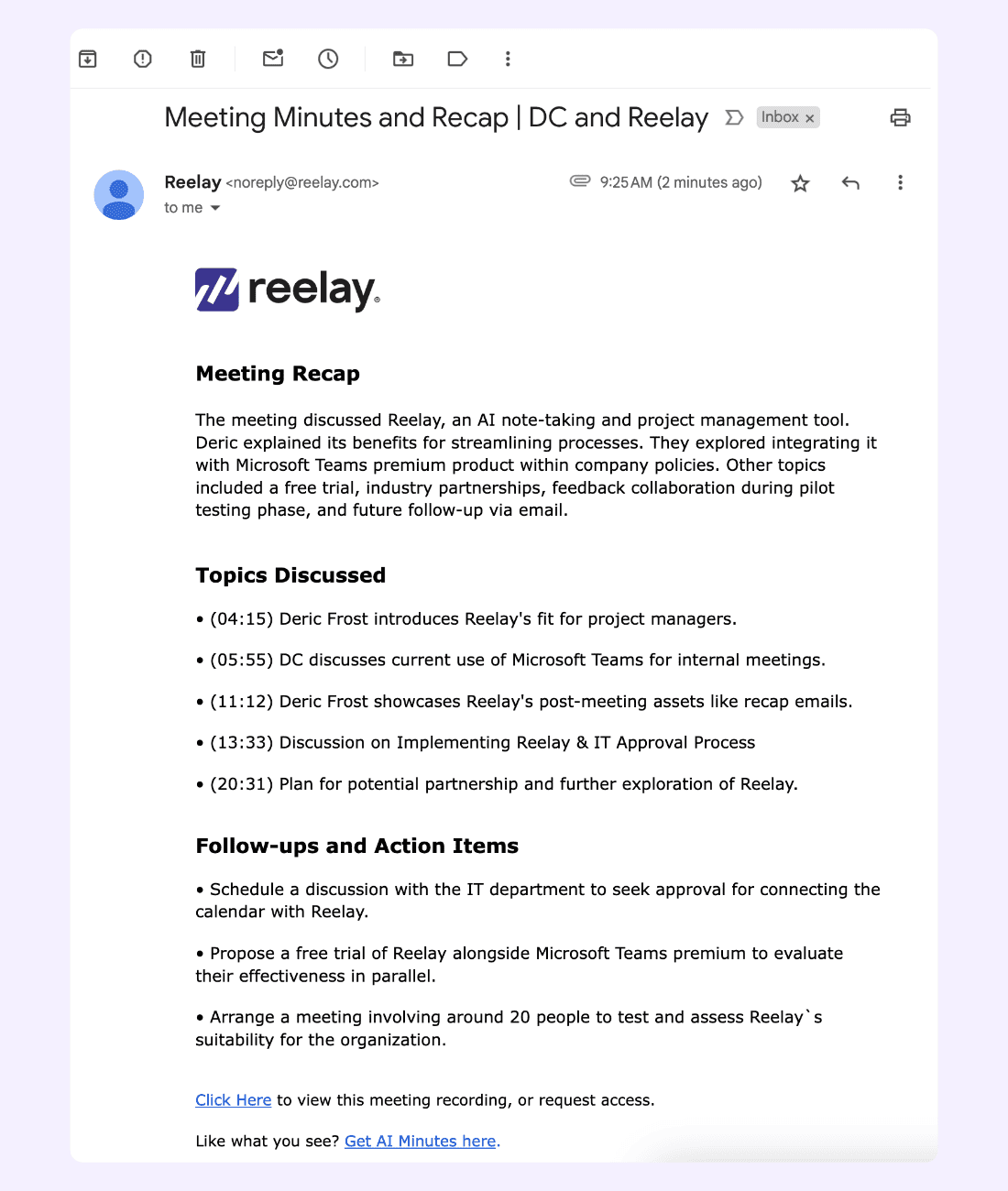 Example of how Reelay summarizes meeting minutes for enterprises using AI