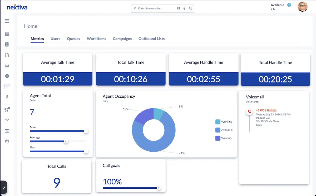 Nextiva dialer software dashboard