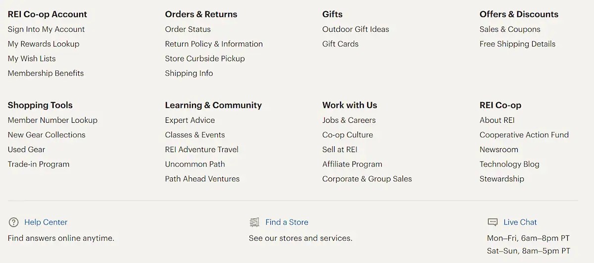 REI's helpful links at the bottom of each web page