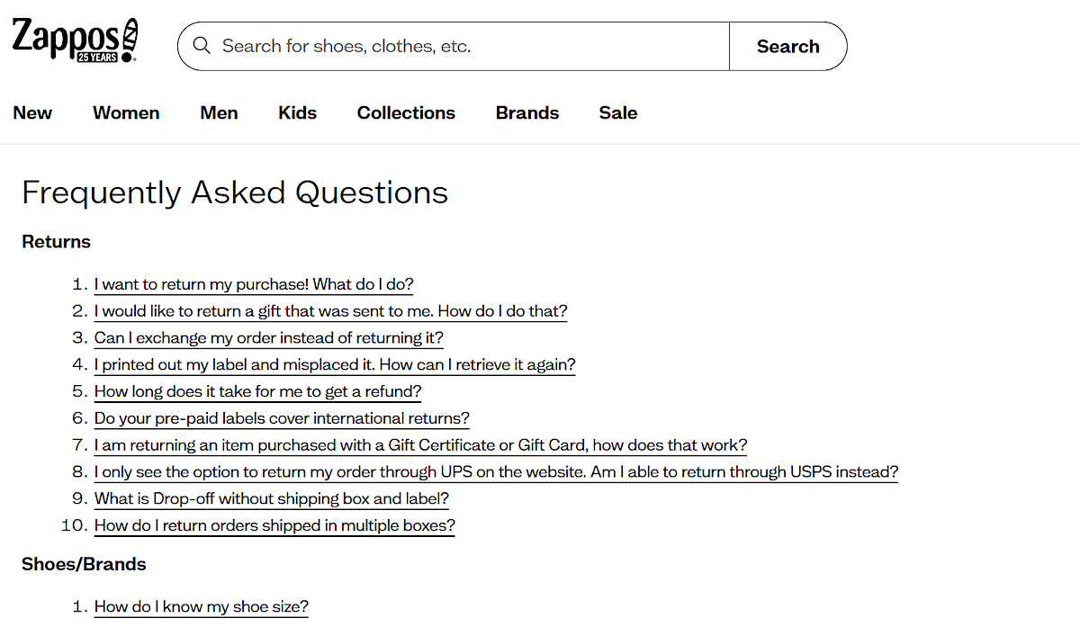 Zappos FAQs page