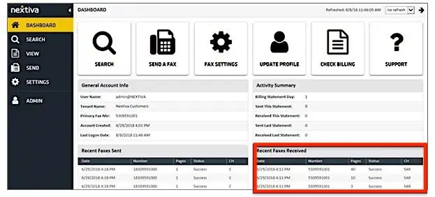 vFAX dashbiard Nextiva