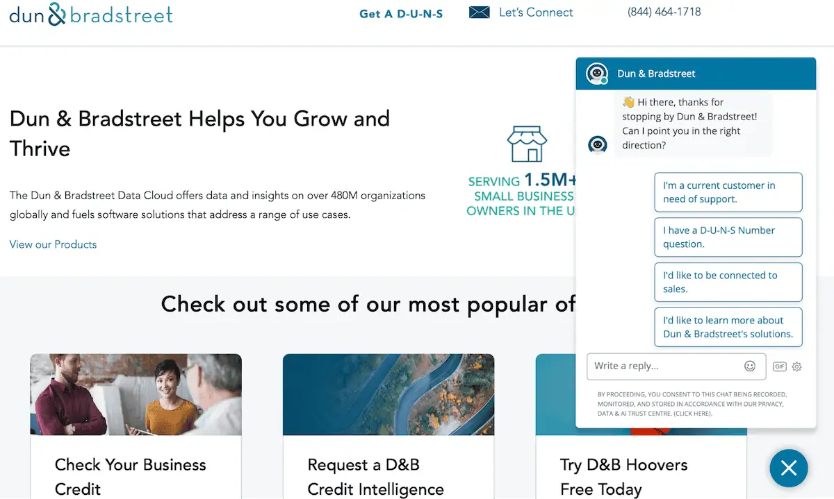 Dun & Bradstreet pop-up chat windows to encourage live chat conversations on a website