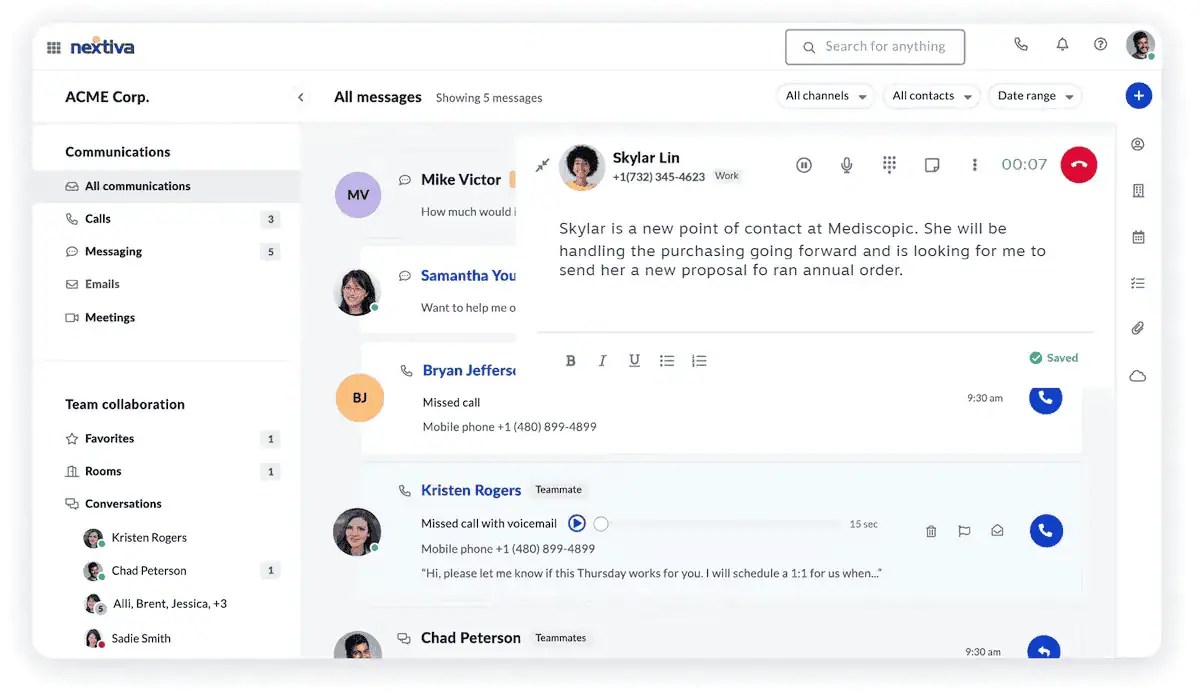 Nextiva all communication dashboard