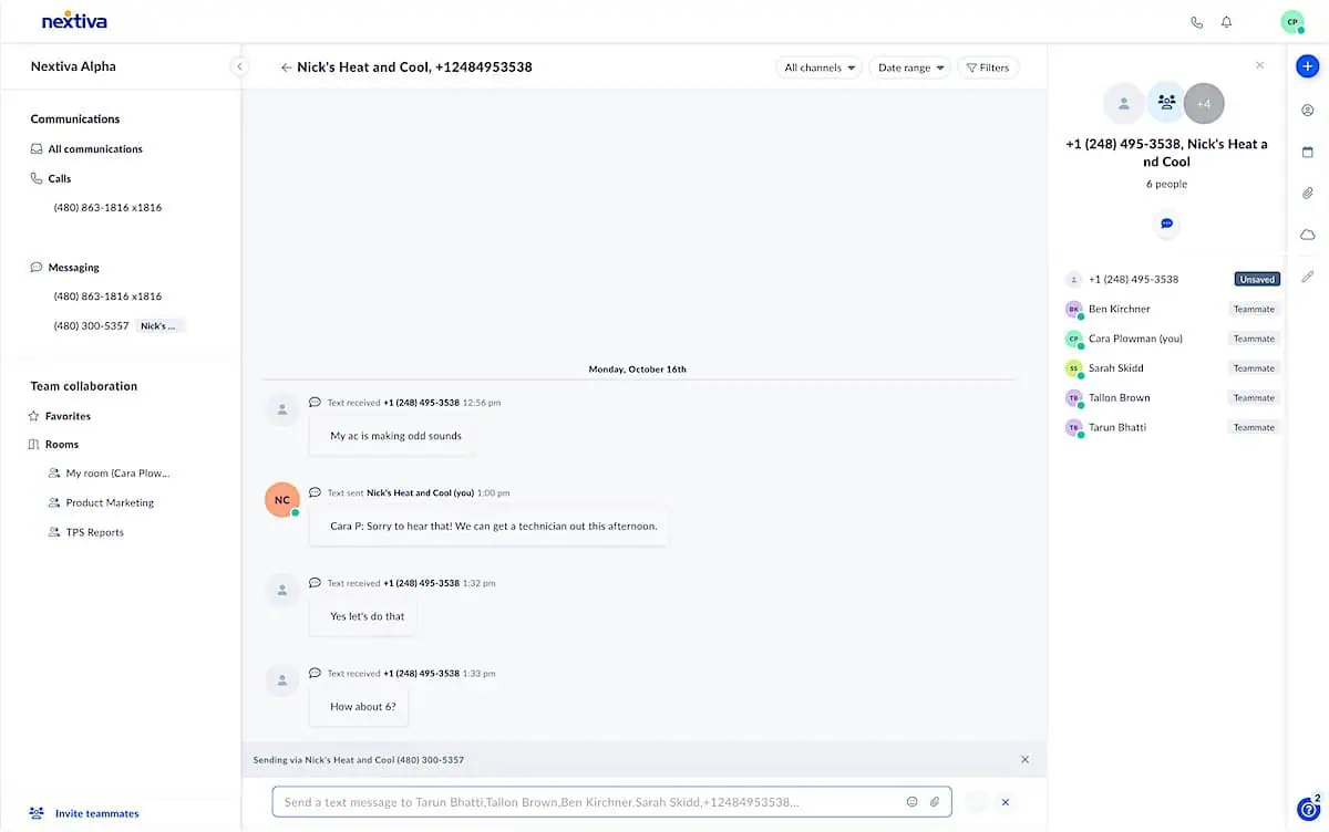 Screenshot of group SMS text messaging with Nextiva