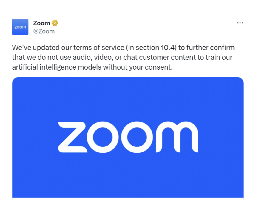 An example of how Zoom responded to allegations of using audio, video, and chat content to train artificial intelligence models without consumer consent
