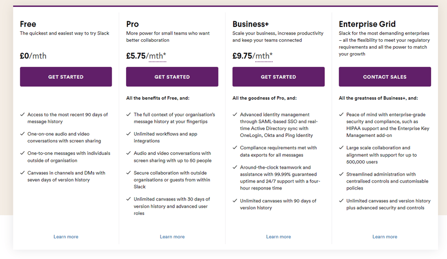 Slack pricing tiers