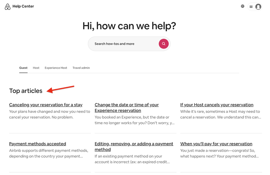 Screenshot of Airbnb's Help Center with popular articles on top