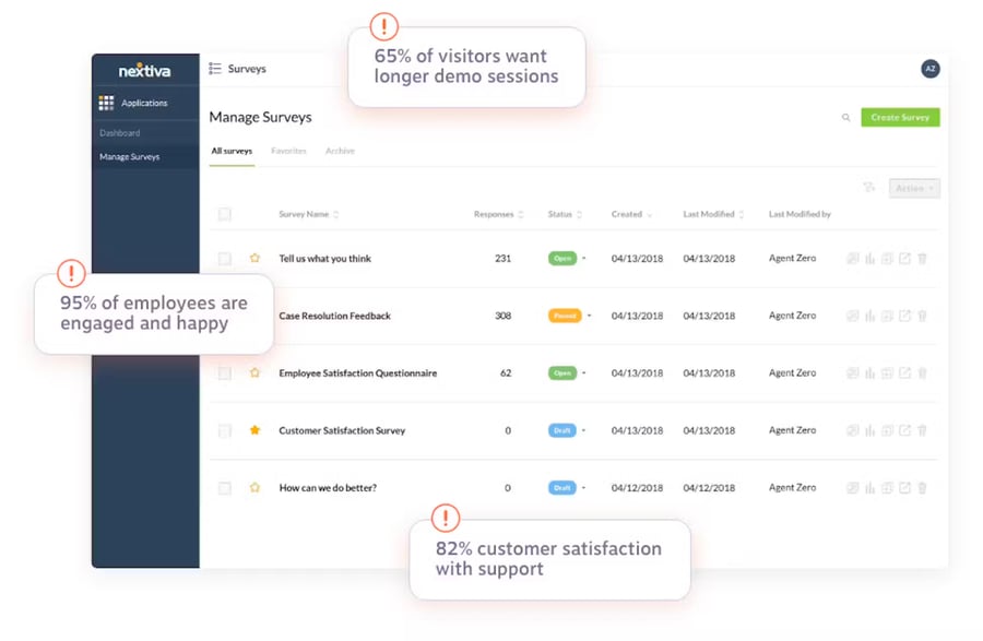 Example of employee surveys that can be created in Nextiva