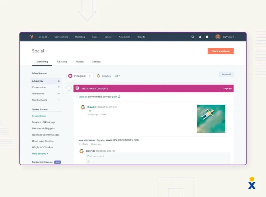 A screenshot shows HubSpot’s social media customer service software