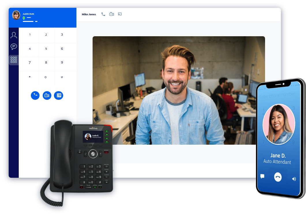 Nextiva's Cloud Phone System: Desk phone, desktop app, and mobile app.